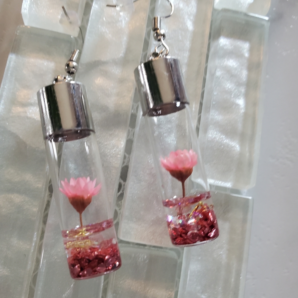 Pink Wish Flowers Glass Bottle Dangle Earrings - Picture 7 of 14